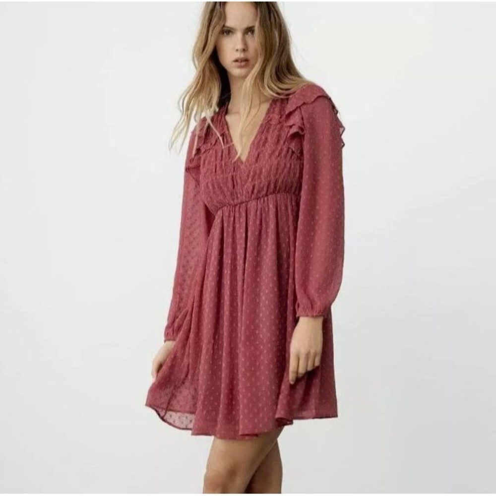 Zara Swiss Dot Ruffle Chiffon Mini Dress XS in Marsala Pink Textured Women's